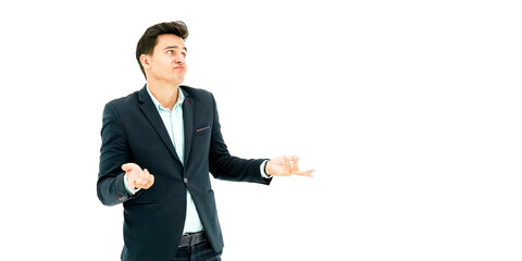 Portrait young handsome man in suit on white background with copy space for your promotional or text isolated on white background,