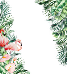 Watercolor flamingoe border with green tropical leaves and flowers illustration © katrinshine