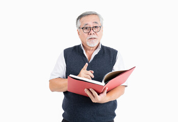 old man wearing eyeglasses look at camera thinking and reading book with copy space for your promotional or text isolated on white background, People lifestyle concept.