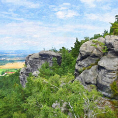 Trendy beautiful travel landscape, bright colors of power of nature. Touristic famous location. Oil painted wall art print in large size, creative drawing design. Contemporary pictorial artwork