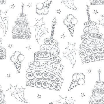 Festive cake with ice cream for birthday, holiday, celebration and wedding. Seamless pattern. Vector image. Linear drawing on a white background.