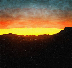 Trendy beautiful travel landscape, bright colors of power of nature. Touristic famous location. Oil painted wall art print in large size, creative drawing design. Contemporary pictorial artwork