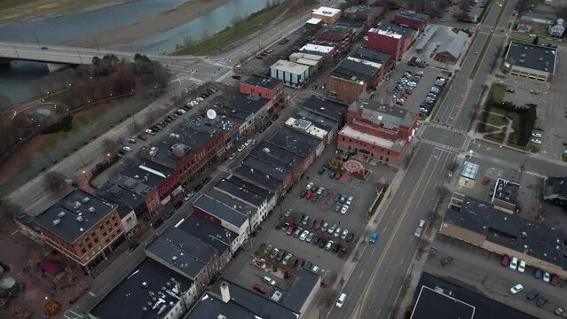 Aerial View of Corning NY USA. Downtown Street Traffic and Rockwell Museum Building in Twilight, Drone Shot