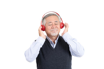happiness asian senior old man smile listening to music with headphones and copy space for your promotional or text isolated on white background,People lifestyle concept.