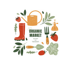 Organic market composition. Garden tools illustration. 