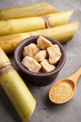 Granulated brown sugar and sugarcane on a gray background, close-up.