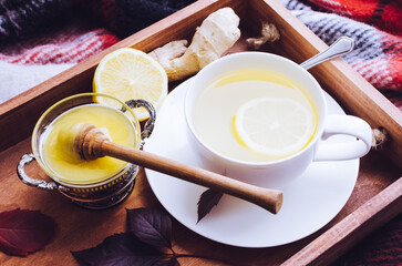 Cup of tea on red warm woolen blanket