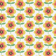 Mid century Modern Flowers, Retro floral seamless background, 70' pattern - 486274435
