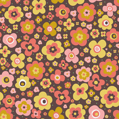 Ditsy Mid century Modern Flowers, Retro floral seamless background, 70' pattern - 486274448
