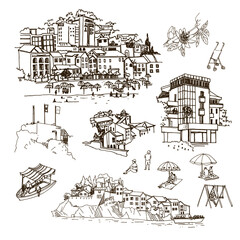 Obraz premium Vector sketches of Montenegro (Petrovac, San Stefan). The architecture of villas and hotels, umbrellas and sun beds, boats, people on the beach, flora.