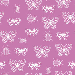 Fototapeta na wymiar Bugs and butterflies abstract seamless pattern. Linear graphic. Minimalist style. 