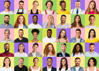 Portraits of young diverse multiracial young people smiling over colorful backgrounds