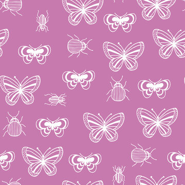 Bugs and butterflies abstract seamless pattern. Linear graphic. Minimalist style. 