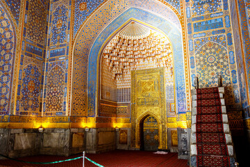 Fototapeta na wymiar Interior of Tilya-Kori Madrasah on Registan Square in Samarkand, Uzbekistan, Central Asia