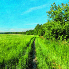 Watercolor and oil mixed landscape paintings in autumn or summer colors. Poster, canvas print or large size background template with wild nature landscape. Rural motifs artwork, textured brush strokes