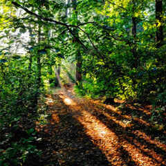 Watercolor and oil mixed landscape paintings in autumn or summer colors. Poster, canvas print or large size background template with wild nature landscape. Rural motifs artwork, textured brush strokes