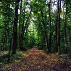 Watercolor and oil mixed landscape paintings in autumn or summer colors. Poster, canvas print or large size background template with wild nature landscape. Rural motifs artwork, textured brush strokes