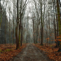 Fototapeta premium Watercolor and oil mixed landscape paintings in autumn or summer colors. Poster, canvas print or large size background template with wild nature landscape. Rural motifs artwork, textured brush strokes