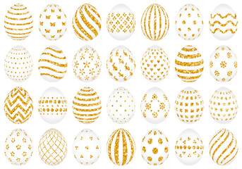 Set Weiße Ostereier Mit Verschiedenen Goldenen Mustern Glitzer