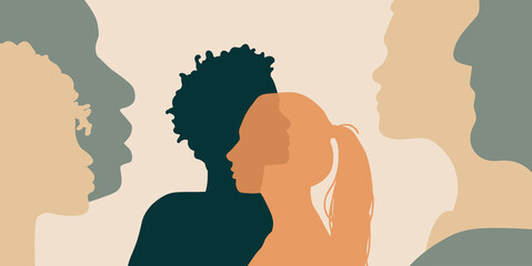 cross cultural, racial equality, multi ethical, diversity children and teenagers. conversation and family impact on relationship, character development, beliefs, habits. background of human silhouette - obrazy, fototapety, plakaty