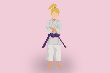 Flat illustration of little kid girl in karate or judo kimono with violet belt isolated on pink background. Self defence, training and martial arts concept with copy space.