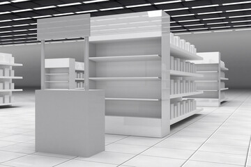 super market aisle with gondola and promotion stand with shelf. 3d image rendering illustration