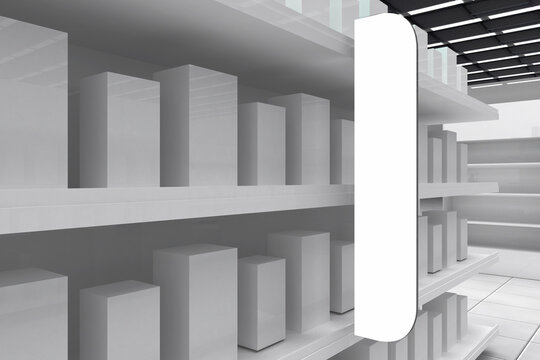 super market shelf frame stopper with shelf 3d rendering illustration