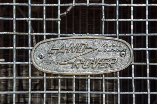 KIEV, UKRAINE - April 26, 2015: The Retro OldCarFest in Kiev. Retro logo Land Rover closeup on a radiator.
