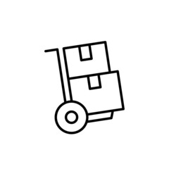 Hand truck and boxes black outline icon. Parcel sign. Delivery and packaging. Mail warehouse. Flat isolated symbol for illustration, logo, sticker, app, banner, web design, dev, ui, gui. Vector EPS 10