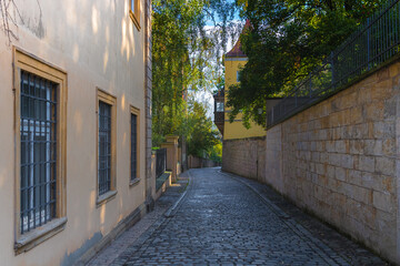 Narrow street in the historic old town of Bamberg, a medieval city in Upper Franconia, Germany. Famous travel, tourism destination