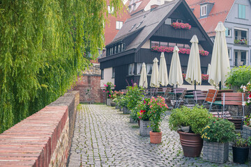 Early morning in the historic old town, Fishermen's Quarter (Fischerviertel) in Ulm, Germany.