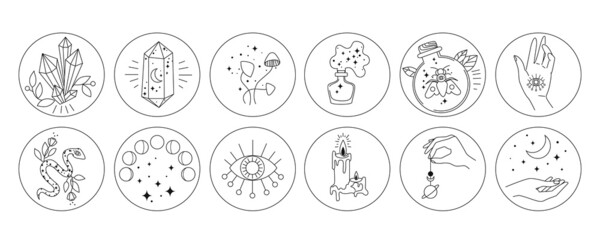 Set of circle icons for highlights, templates for blog and social media. Hand, snake, moon, cosmic and floral elements. - obrazy, fototapety, plakaty