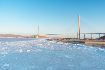 Bridge over the frozen sea in winter in Vladivostok