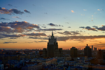 Fototapeta na wymiar Sunset in Moscow, Arbat and Russian Foreign Ministry