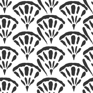 Hand drawn black geometric seamless modern abstract white pattern. Cute seashell design vector line for paper, fabric, bathroom, book.