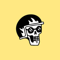 Cool skeleton head with helmet and sunglasses, illustration for t-shirt, sticker, or apparel merchandise. With retro cartoon style.