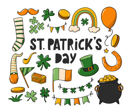 St. Patrick's day doodles, clipart, stickers, etc. Good for cards, icons, scrapbooking, decor, planners, prints, etc. EPS 10