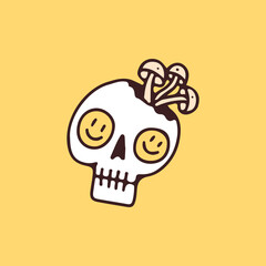 Broken skeleton head with smiley face eyes and mushroom, illustration for t-shirt, sticker, or apparel merchandise. With retro cartoon style.