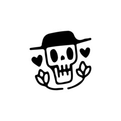 Cowboy skull with flowers and love symbol, illustration for t-shirt, sticker, or apparel merchandise. With retro cartoon style.