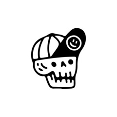 Cool skull head wearing snap back hat, illustration for t-shirt, sticker, or apparel merchandise. With retro cartoon style.