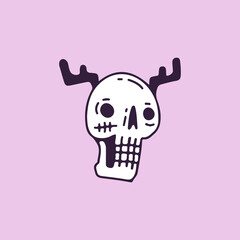 Cool skeleton head with deer horns, illustration for t-shirt, sticker, or apparel merchandise. With retro cartoon style.