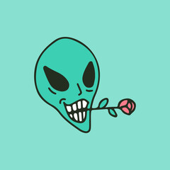 Alien face biting a roses, illustration for t-shirt, sticker, or apparel merchandise. With retro cartoon style.