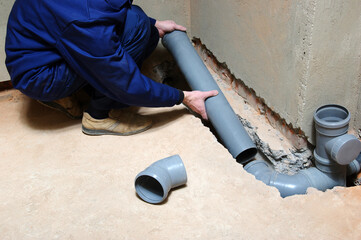 Plumber assemble pvc sewage pipes.