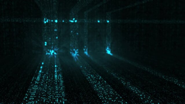 Blau gr&uuml;n leuchtender Datenfluss bestehend aus aus sich bewegenden Punkten im 3D Raum
