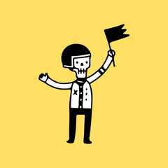 Funny skeleton wearing helmet and holding flag, illustration for t-shirt, sticker, or apparel merchandise. With retro cartoon style.