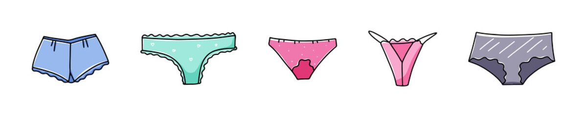 Collection of hand drawn women's panties. Sexy clothes for sleeping and lounging. Vector illustration in doodle style