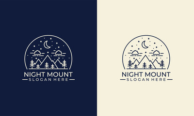line art mountain logo, simple adventure graphic with tree and sky logo template