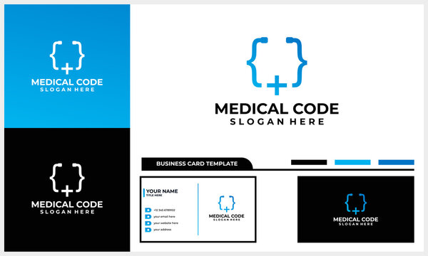 medical logo with coding icon concept and business card template
