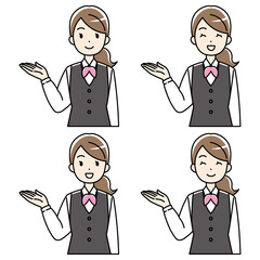 右手で案内する制服の女性（カラー）