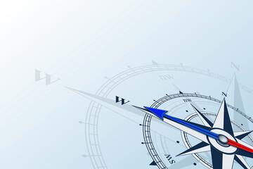 Compass west. Compass with wind rose, the arrow points to the west. Compass on a blue background. Compass illustrations can be used as background. Flat background with copy space place. Travel concept
